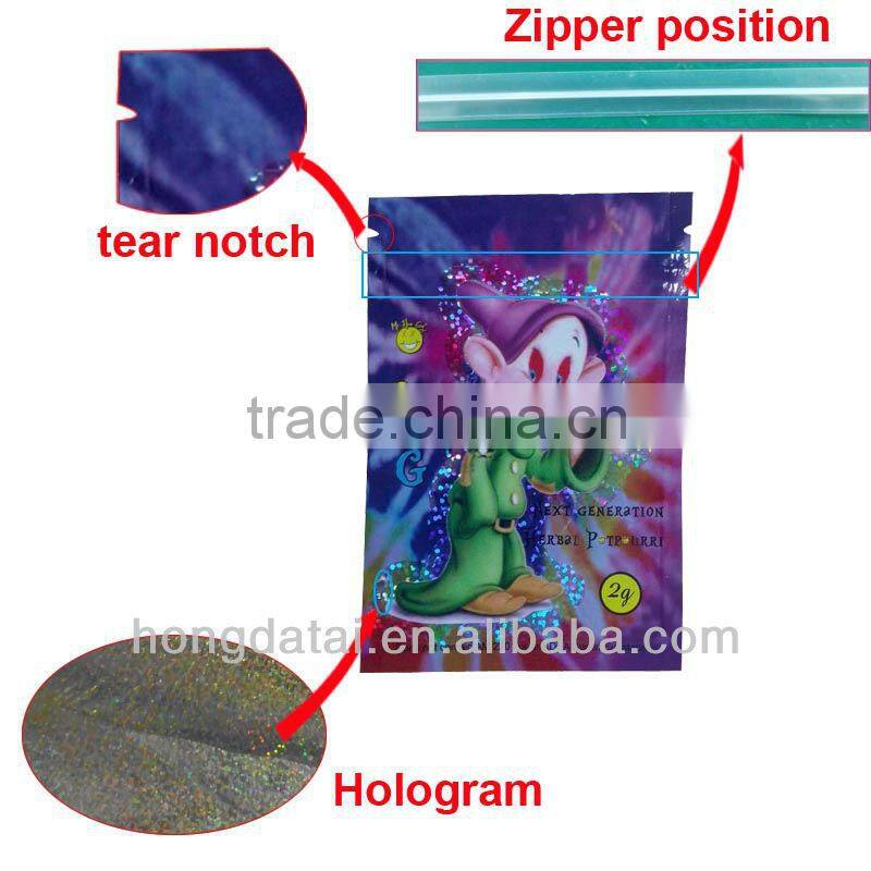 shiny foil zipper WTF bag/hologram foil laminated zipper pouch for 1g,3g