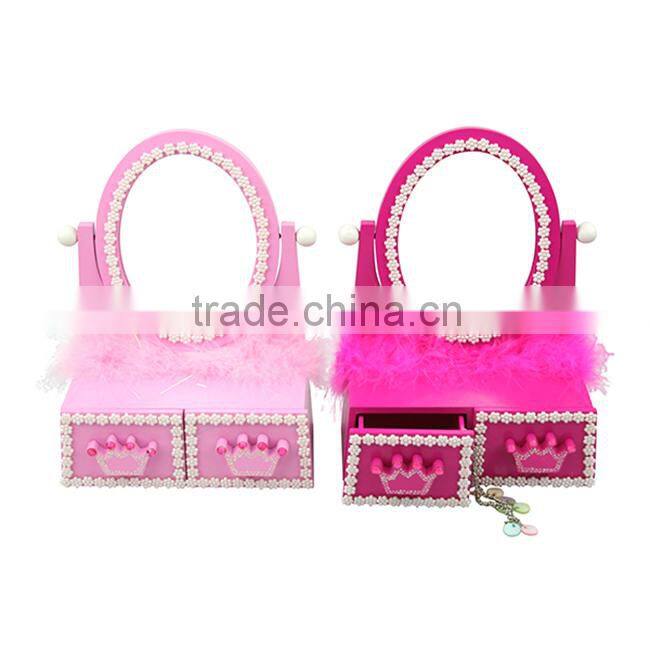 Fancy pinky jewelry storage box 2 drawers wooden fluffy decoration jewerly box for kids
