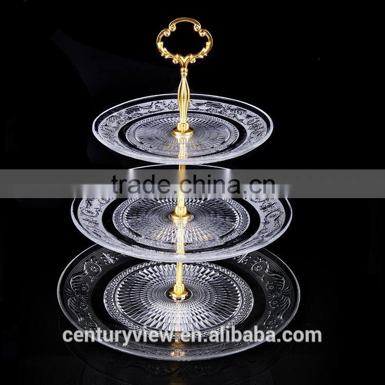 Hot Popular Clear Colored 3 Tier Glass Serving Trays Fruit Bread Trays Tempered Glass Serving Tray 3 Tier Dessert Tray