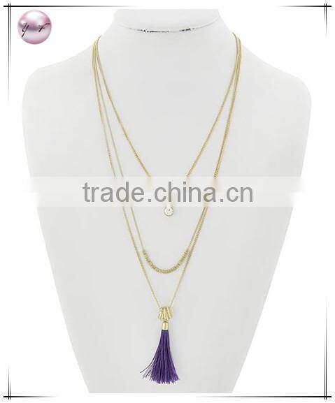 Matte Gold Tone Purple Thread Clear GlassMetal Layer Tassel Pendant Necklace