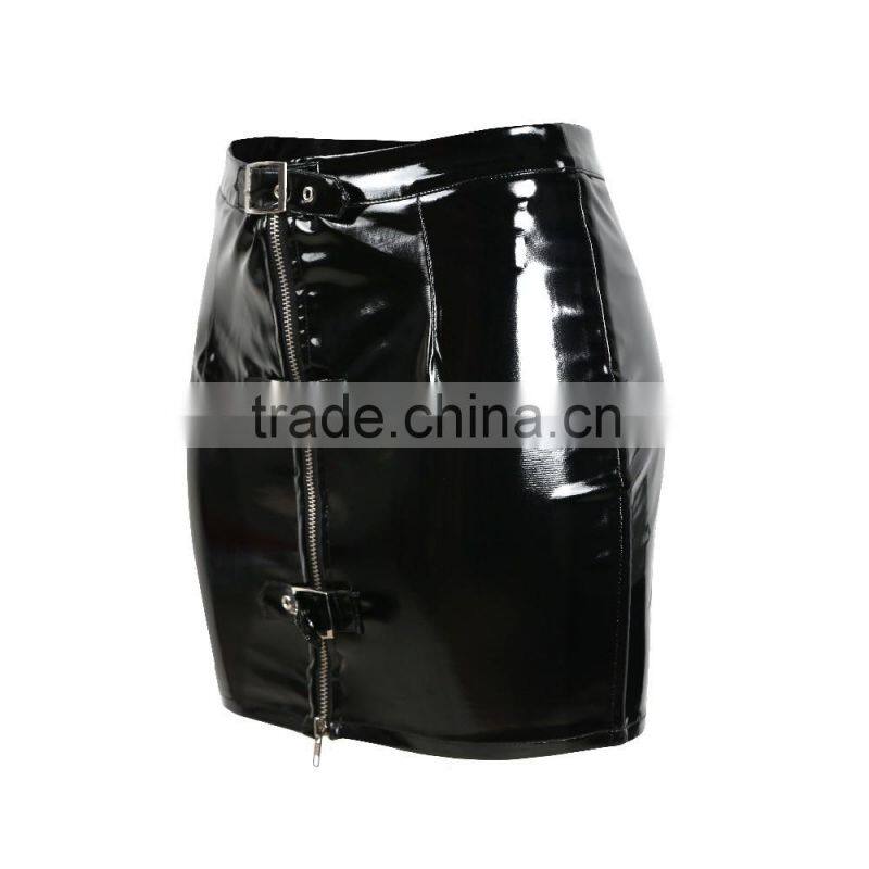 2016 Womens Sexy Zipper Leather Mini Skirt, Black Short Leather Skirt