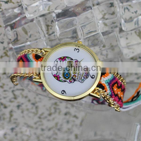 Wholesale woman Geneva watch , handmade braided band skull Geneva watch