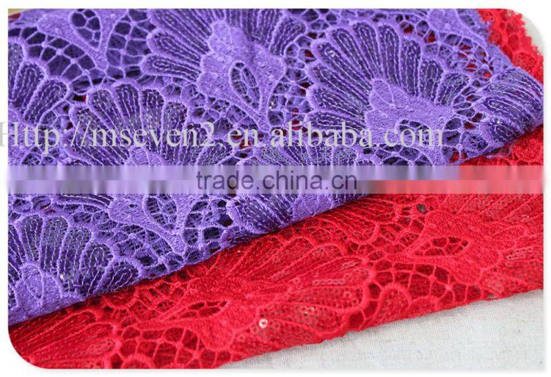 High quality polyester red/purple crochet swiss lace fabric with sequin
