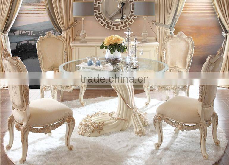 French style solid wood flower hand carving antique finished whith color fabric dining side chair