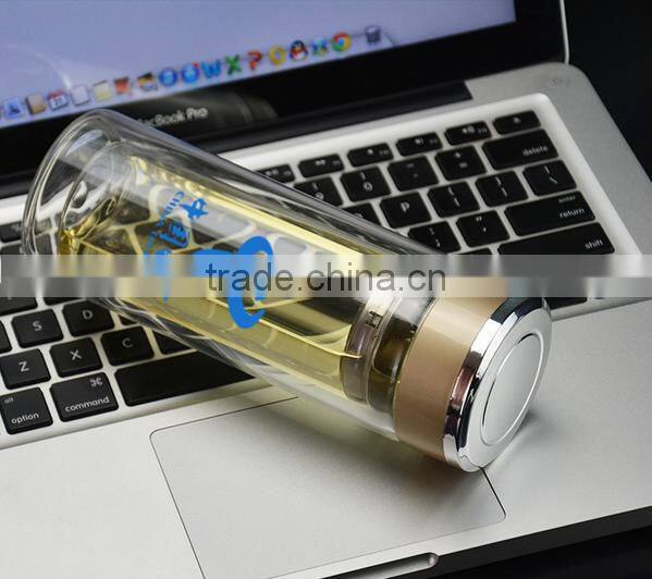 2016 new design double wall glass bottles tea infuser water bottle with PP lid
