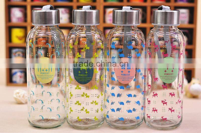 clear Eco-friendly glass water drinks bottle with stainless steel lid