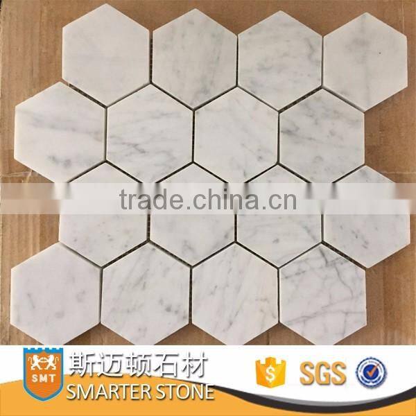 Carrara white marble hexagon marble mosaic tile on mesh