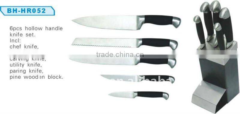 6pcs/set stainless steel kitchen knife set with block,hollow handle ,