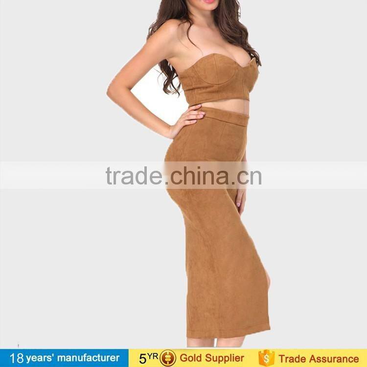 2017 sexy women long sleeve bodycon two piece dress club wear prom crop top blouse and long skirt
