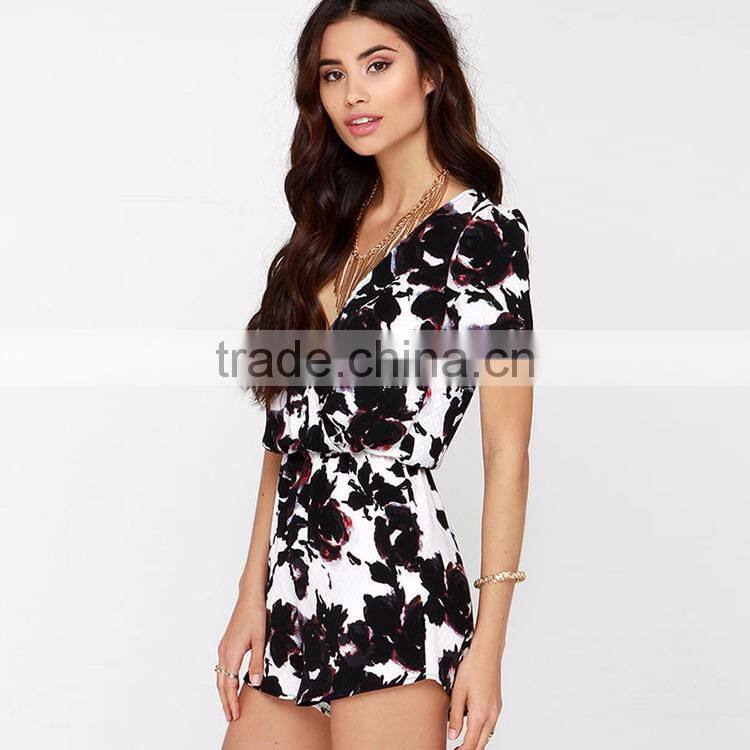 HAODUOYI Women Multi Rose Print Sexy Deep V Neck Puff Sleeve Wrap Romper