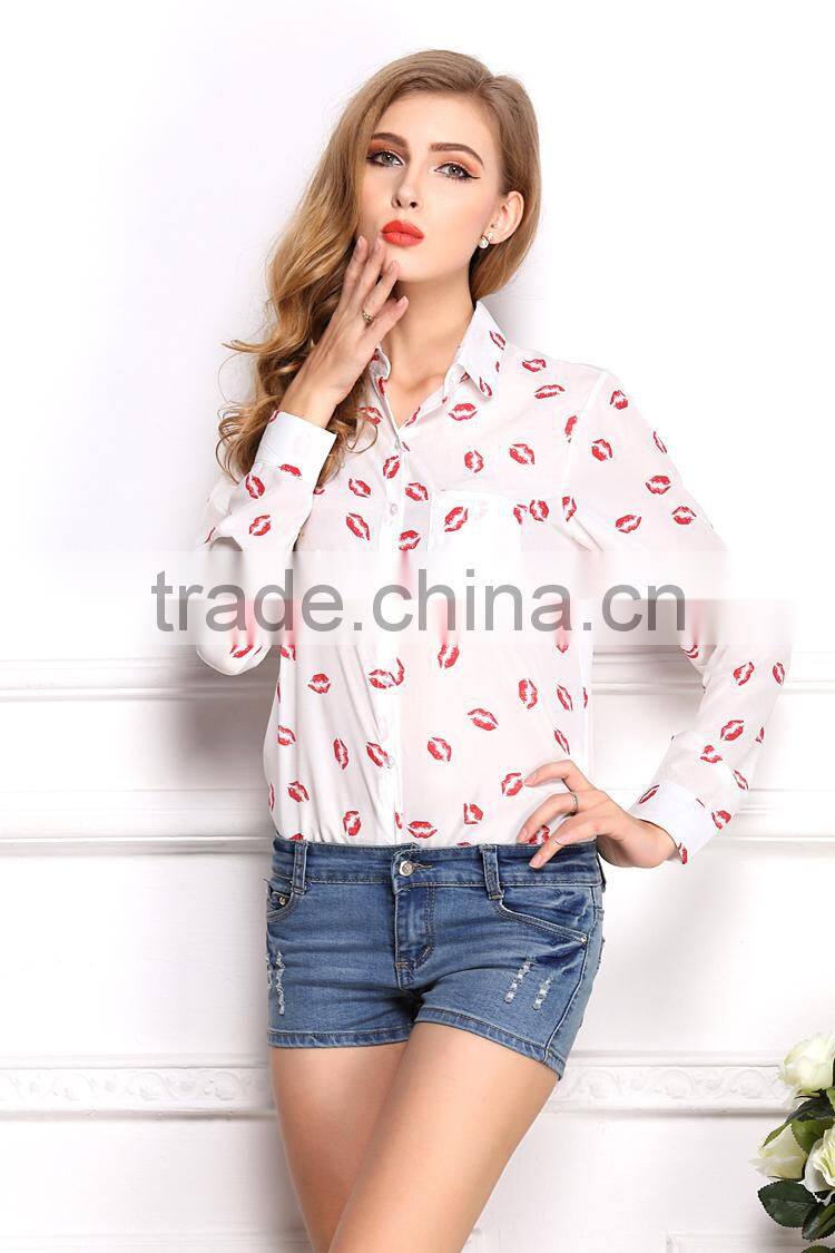 2015 Newest Hot sell Best summer fashion Lip prints t shirt ladies blouse designs women shirt with long sleeve