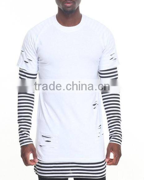 Crew neck tees sleeve color block Stripe Layer men's longline t shirt