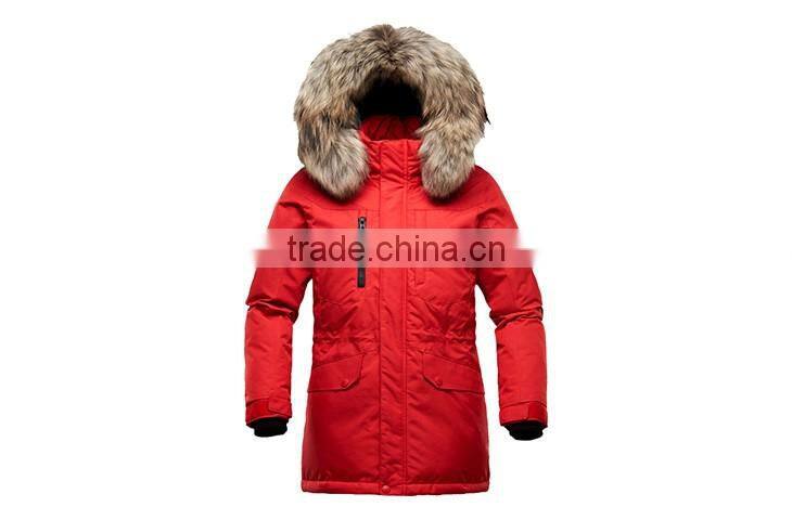 Red outdoor down jacket for winters with fur