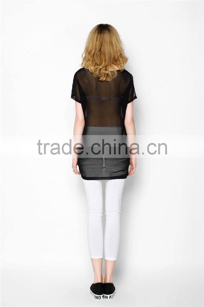 latest summer fashion long style tiger pattern print women t shirts cheap, cotton t shirts with transparent back