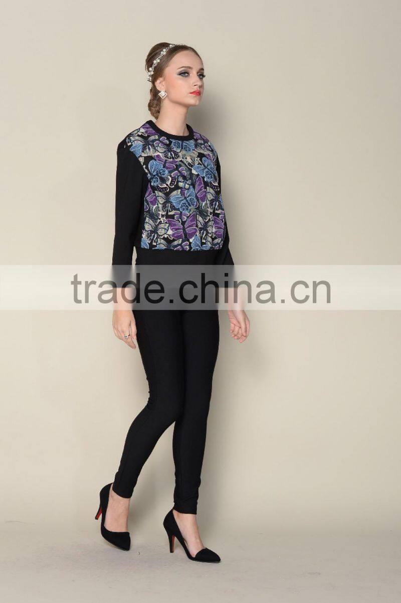 latest black long sleeve floral printing women designer blouse patterns