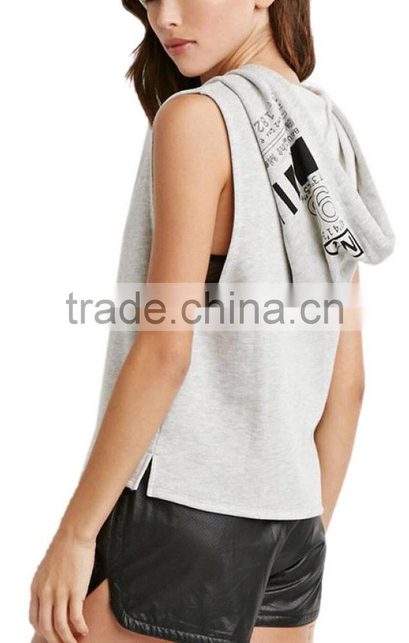 Women's Grey Casual Letter Print Sleeveless Thick Hoodie Tank Top T Shirt