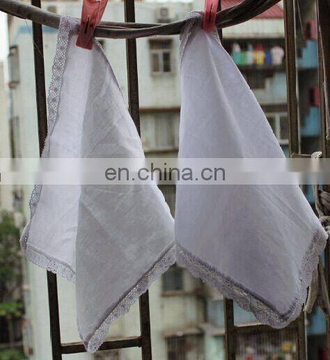 100% linen/cotton handkerchief with lace hem,white/blank for wedding,wholesale