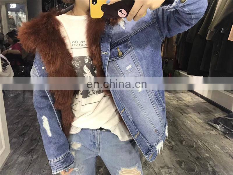 2017 Fashionable Women Winter Real Fox Fur Lined Denim Parka Real Fur Jacket Raccoon