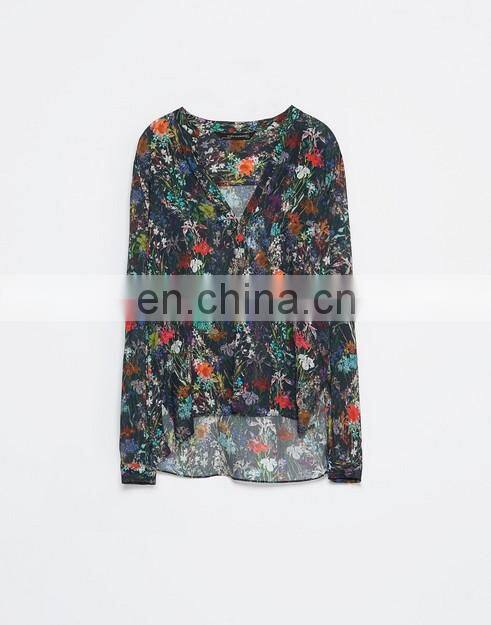 Hot selling China clothing floral print long sleeve sheer chiffon blouses