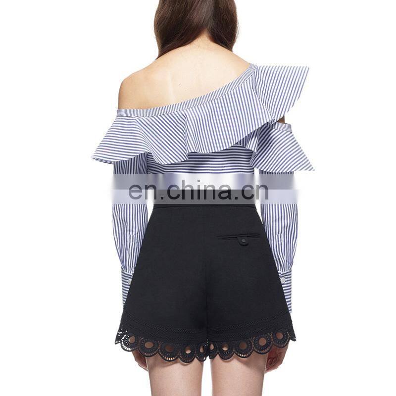 2017 summer new style navy stripe jumpsuit long sleeve one shoulder lotus neck cotton top and mini lace pant sets