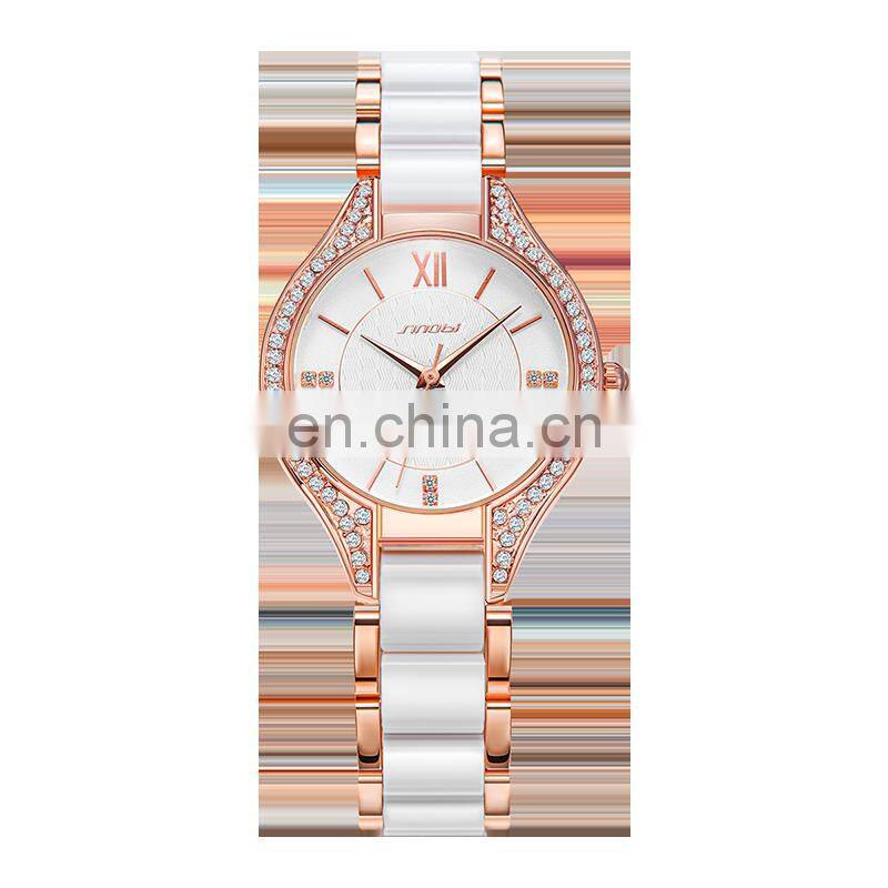 SINOBI New Arrival Women Luxury Watch S9858L Ceramic Strap Watch Pearl Shell Dial Handwatch Delicate Design Saat