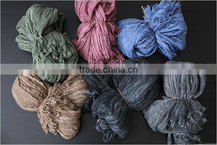 Korea Japan Fashion Ladies Solid Color Blank Plain Goffer Woven Linen Pashmina Shawl Scarf