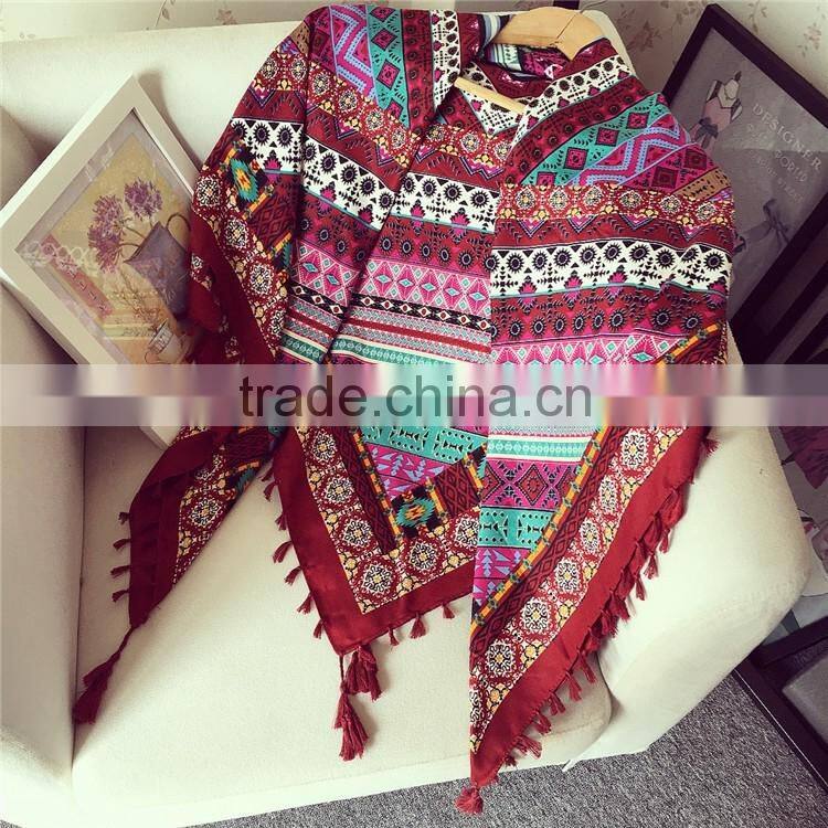 Fashion Retro Printed Pattern with Tassels Women Square Pashmina Encryption Twill Cotton Scarf