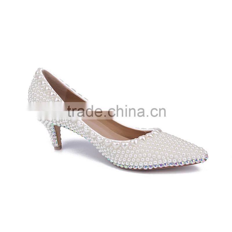CATWALK15-S0190273 Fashion women luxurious dress shoes handmade peal low heel shoes beautiful women bridal shoes