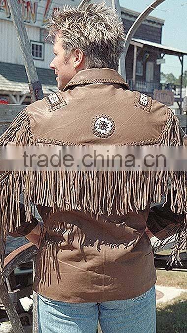 2015 New fashion Western Brown Leather Jacket with Fringe and Bone Beading for mens motorbike leather jacket