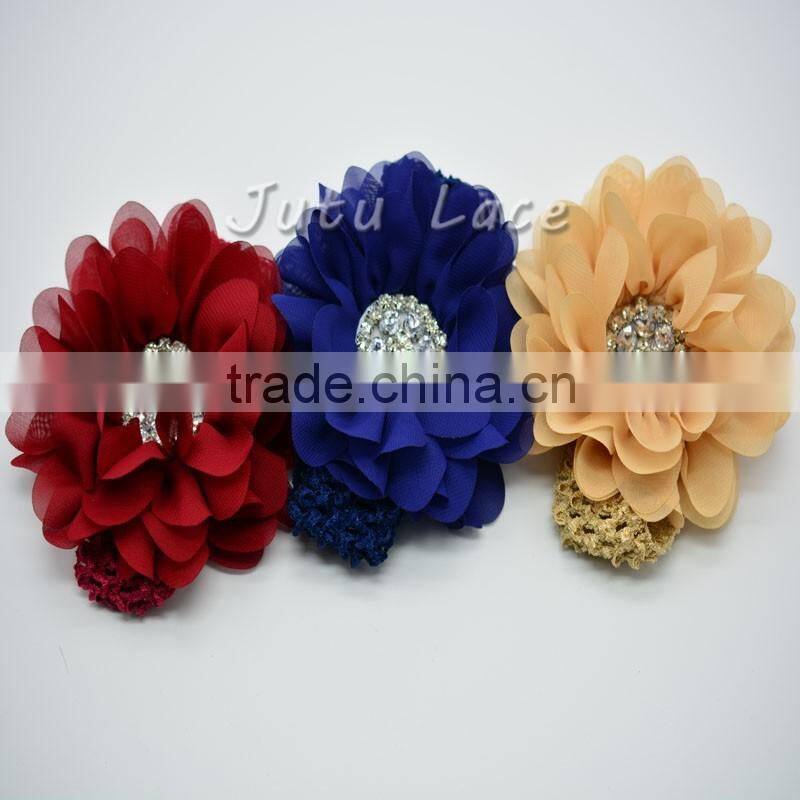 high quality large arificial Flower - 25colors Fabric Flower with Crystal Rhinestone Pearls Center Hair Accessory