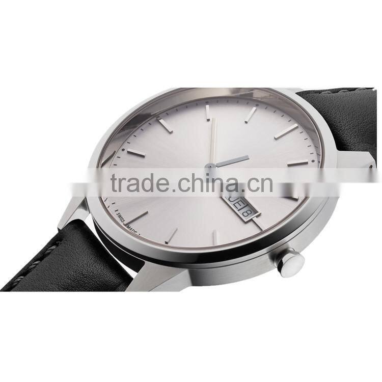Brushed PVD steel stainless steel case watch waterproof 5ATM Date and Day function movement black nappa leather