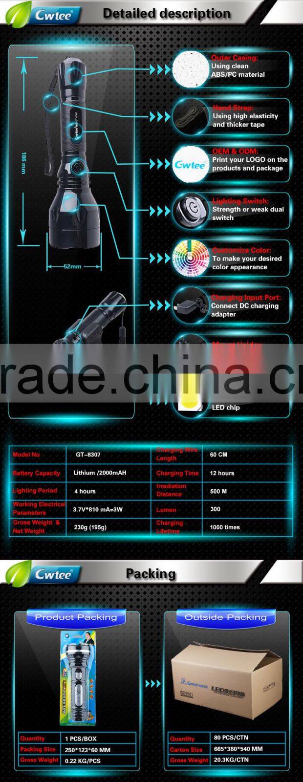 2W led flashlight torch, rechargeable flashlight, LED torch