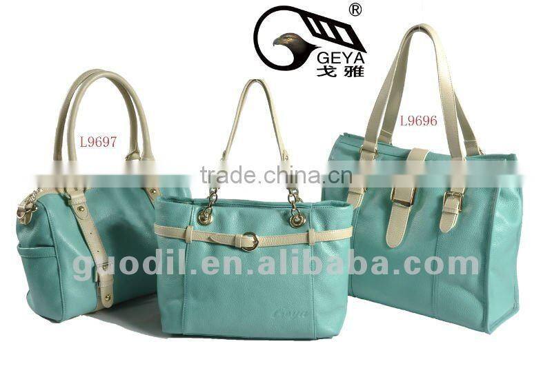 Summer best selling Contrast color block belt tote bags fashion ladies genuine leather handbags 2012