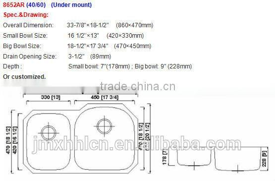 8652AR Jiangmen Kitchen Stainless Steel 304 Undermount 18ga 1.2mm Double Sink