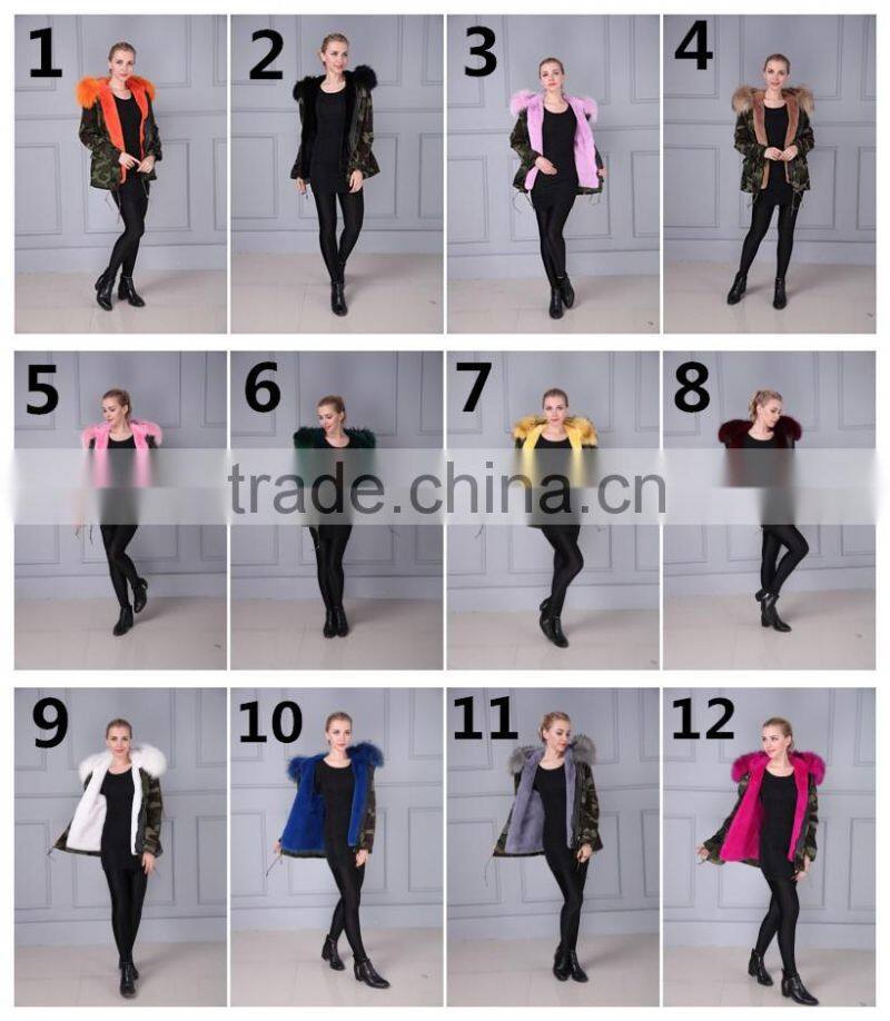 Short pattern camouflage shell black fake fur lining collar winter parka for lady