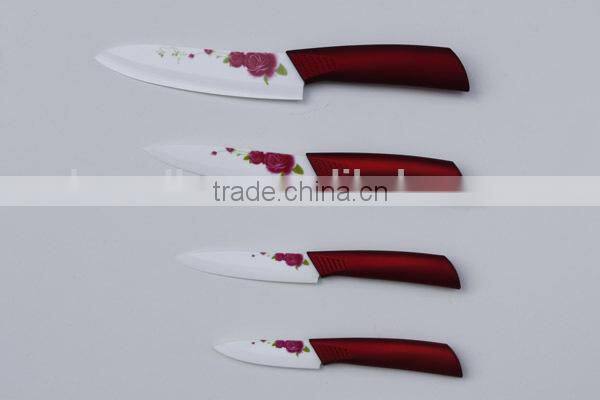 Red Handle Ceramic Blade with printing flower set of 4 multi-purpose knives