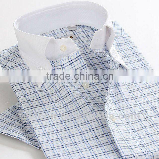 European style latest brand design 100% cotton button down collor blue plaid luxury short sleeve men shirt