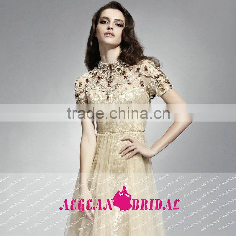 HT74 NEW Fashion Elegant High Neck Short Sleeve Prom Dresses Beaded Crystal A-line Floor Length Vestido Longo Azul