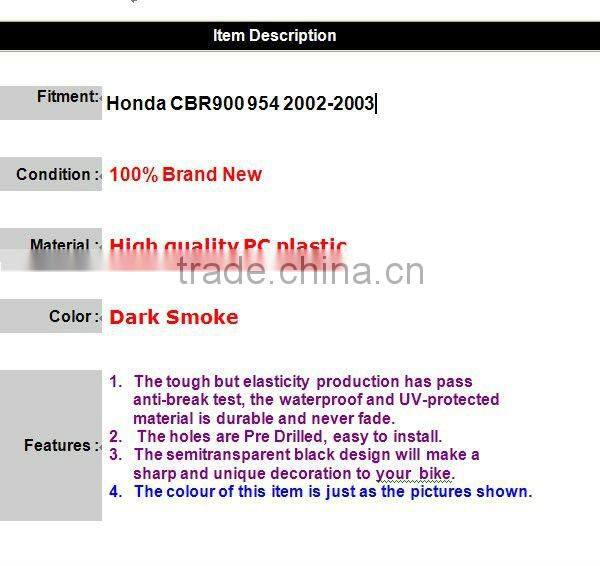 For Honda CBR900 954 2002-2003 Dark Smoke PC Plastic Motorcycle Windshield Windscreen