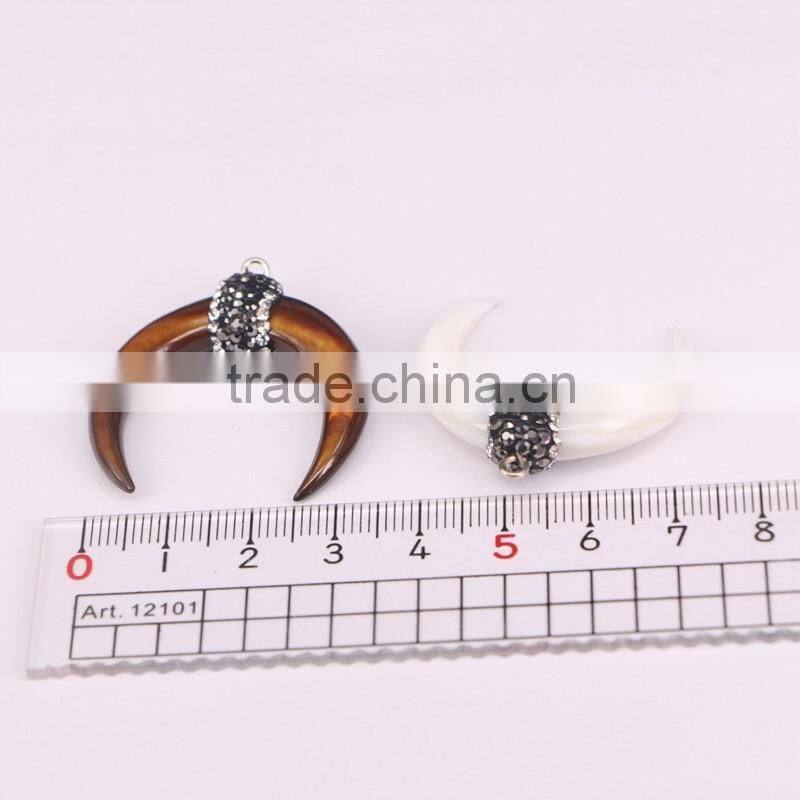 Charm Natural White / Brown Shell Druzy Pendant, Pave Crystal Double Horn Pendant