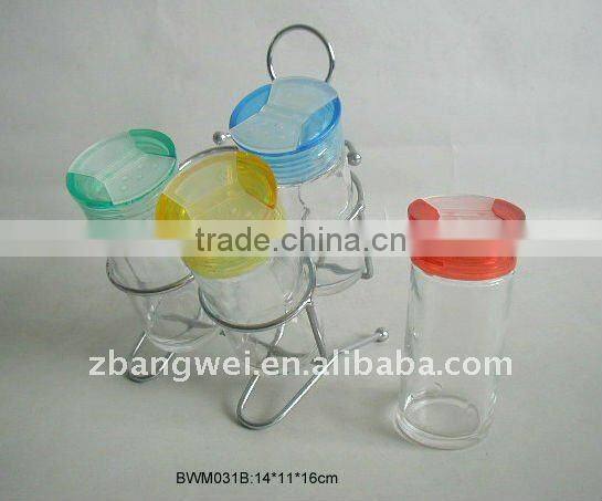 4pcs glass spice jar set with metal rack