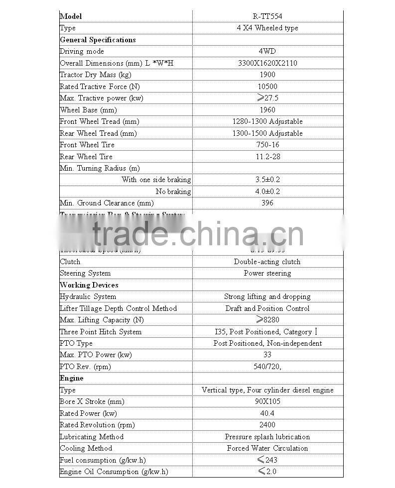 540 and 720 PTO Speed Diesel Engine 4WD 55HP tractor with stronger hydraulic system made in China