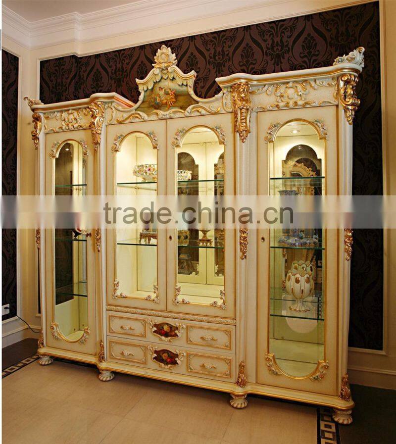 Antique Rococo Peacock Green Living Room Glass Display Cabinet/ Latest Design Decorative Wooden 4-Door Wine Cabinet