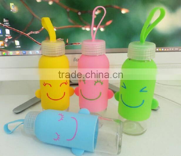 X008 Portable 300ML glass bottle Student bottle with silicone sleeve smile water sport bottle