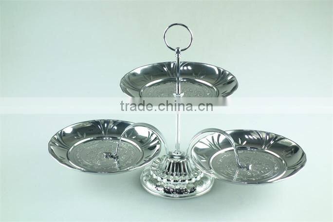 stainless steel stock ceramic three layer silver cake stand holder fruit plate
