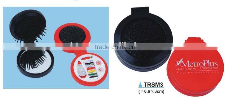 Foldable mirror with sewing kit and comb/travel sewing kit with mirror and hair brush