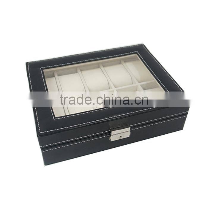 Black Leather Jewelry Box Watch Organizer Storage Case with Lock & Mirror