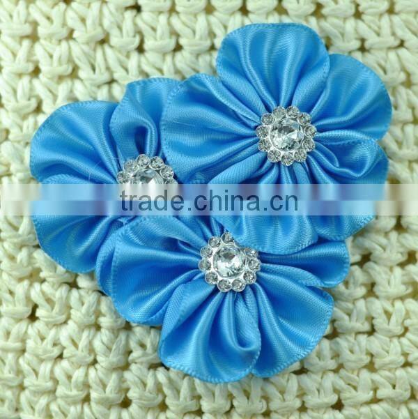 handmade satin flower with rhinestone center for kids hair accessories