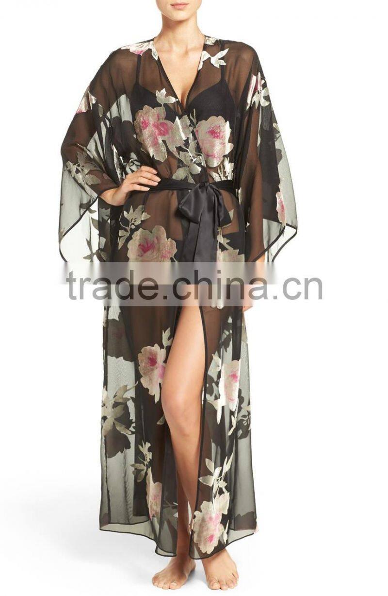 Luxurious women clothing high quality romantic cover up summer sheer chiffon rose printed robe cover up cardigan for beach wear
