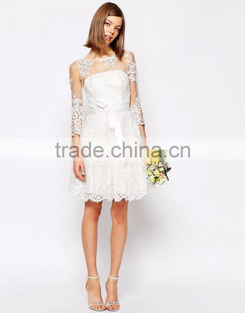MGOO Design Long Sleeve Lace Mini Dress Bridal Grown With Floral Pattern Pure White Beach Wedding